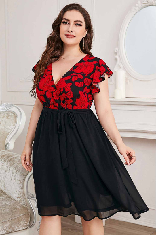 Rochie maxi feminină în negru cu flori roșii