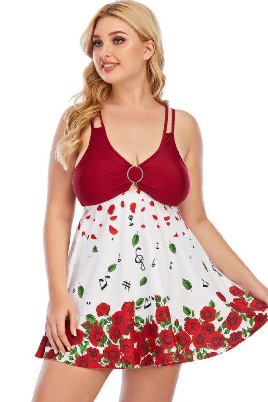 Maxi tankini tip rochie cu trandafiri roșii