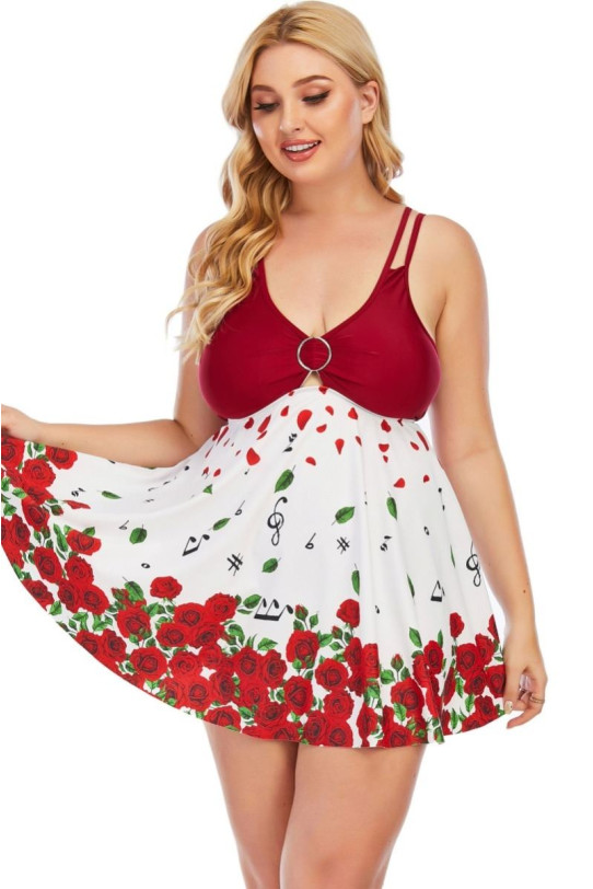 Maxi tankini tip rochie cu trandafiri roșii