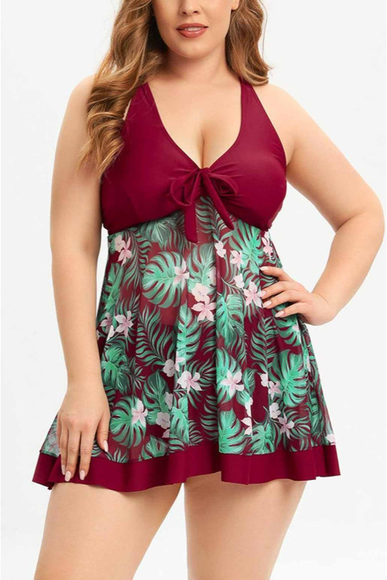 Maxi tankini marsala cu imprimeu tropical