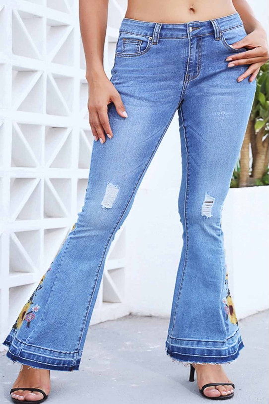 Jeans maxi Charleston cu broderie floarea soarelui