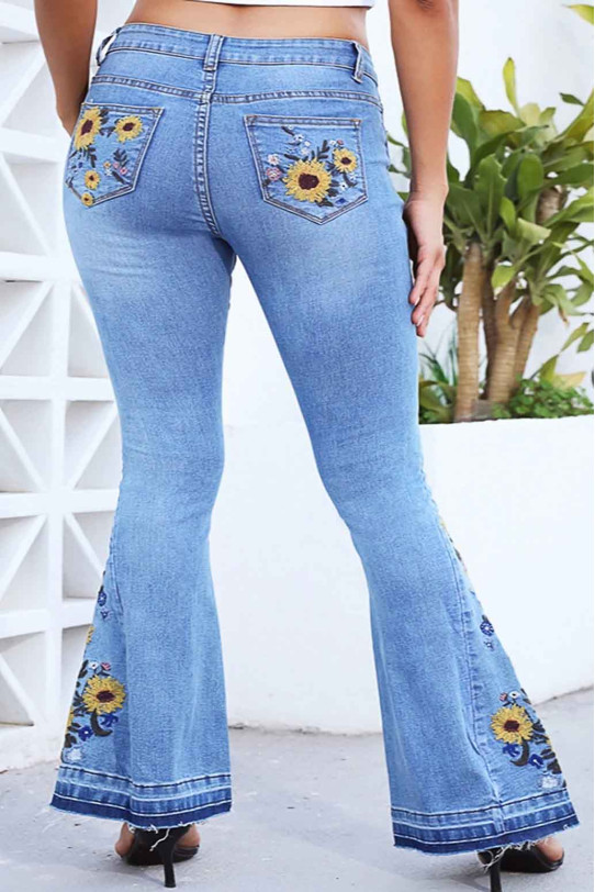 Jeans maxi Charleston cu broderie floarea soarelui