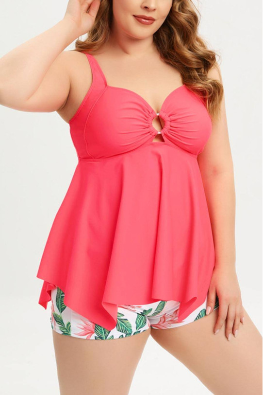 Maxi costume de baie tankini în culoare piersică și șorturi florale.