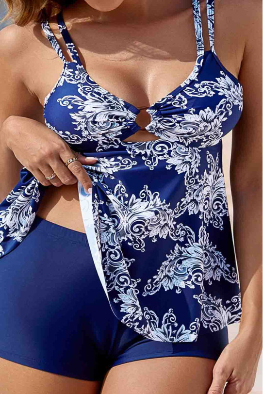 Costum de baie tankini în albastru regal cu imprimeu floral alb