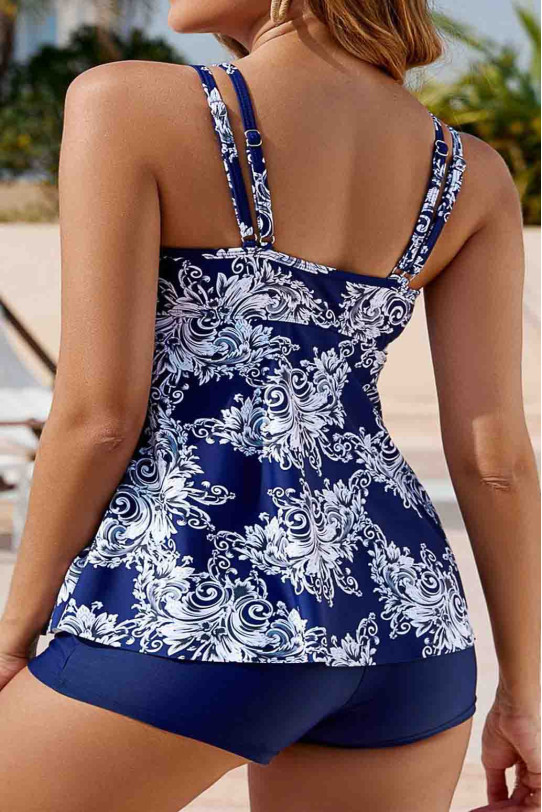 Costum de baie tankini în albastru regal cu imprimeu floral alb