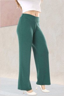 Pantaloni maxi din bumbac texturat cu talie elastica in verde