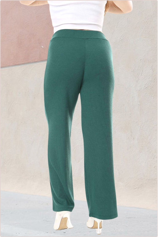 Pantaloni maxi din bumbac texturat cu talie elastica in verde