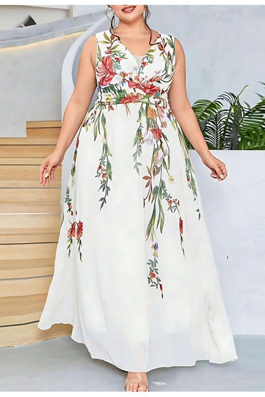 Rochie maxi albă elegantă cu imprimeu floral